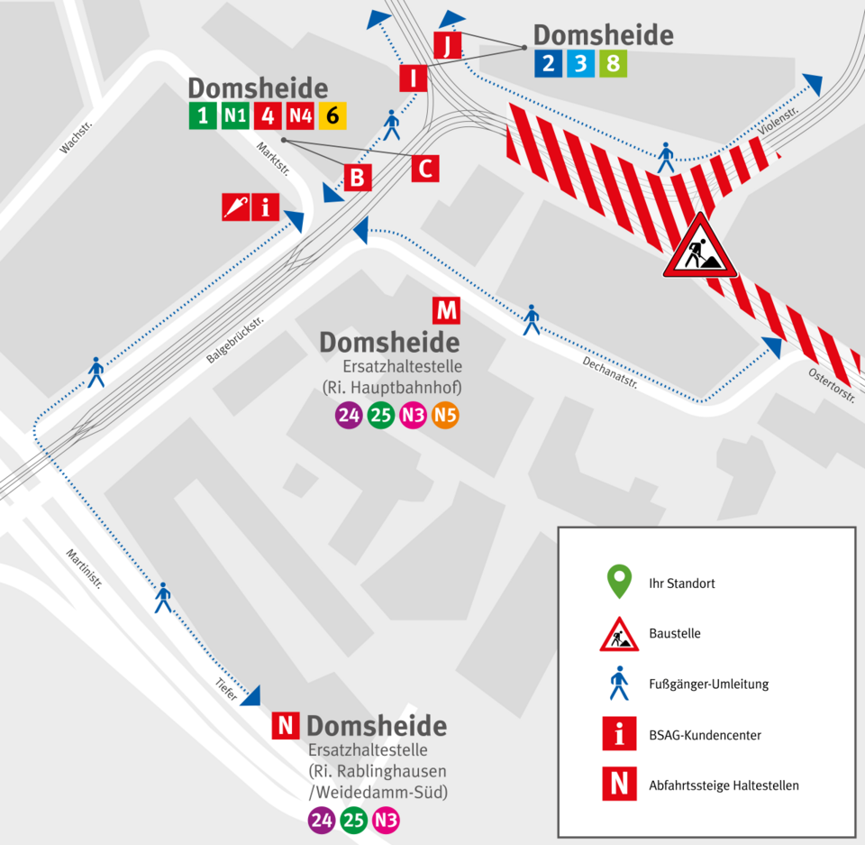 Baufeld und Haltestellen während der zweiten Phase