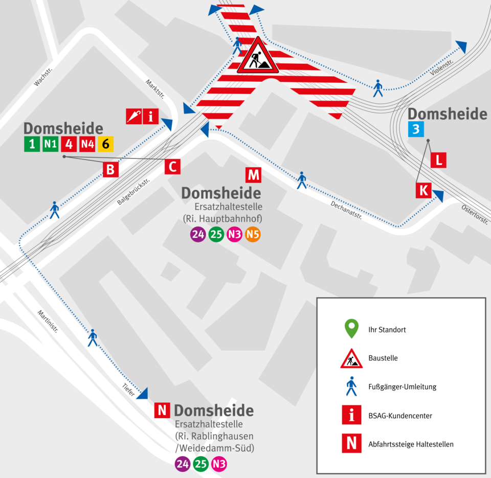 Baufeld und Haltestellen während der ersten Phase