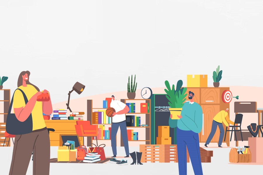 Grafik von mehreren Personen beim Flohmarktsbummel